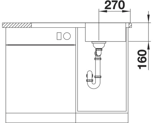 Technische Zeichnung einer Spüle mit Abmessungen 270 mal 160 Millimeter
