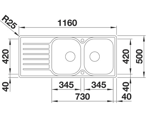 Skizze einer Spüle mit Abtropffläche und Beckenmaßen