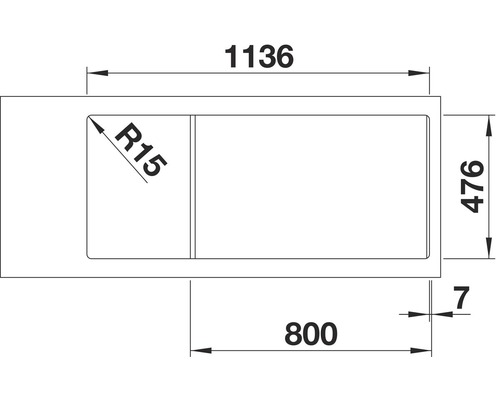 Technische Zeichnung eines Spülbeckens mit Maßangaben