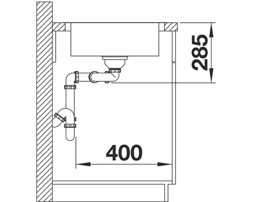 Technische Zeichnung eines Spülbeckens mit Siphon und Maßangaben