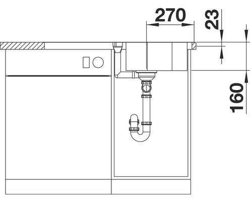 Technische Zeichnung eines Spülbeckens mit Maßangaben