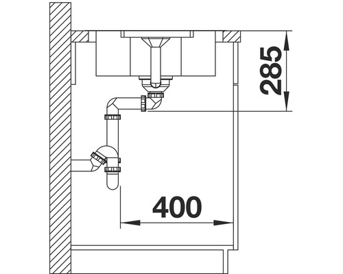 Schemazeichnung eines Spültischs mit Siphon und Maßangaben