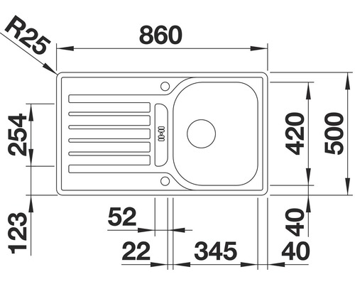 Zeichnung einer Spüle mit Abmessungen.