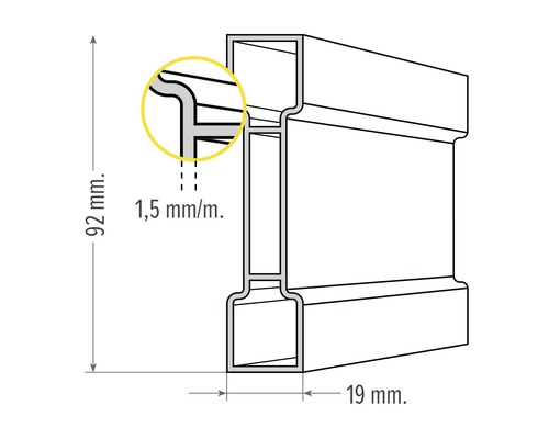 Diagramm eines Metallprofils mit Maßangaben 92 mm Höhe und 19 mm Breite