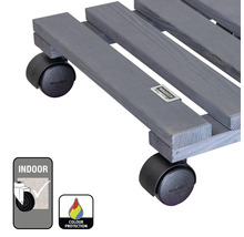 Pflanzenroller aus Holz mit Rollen und dem Symbol für die Verwendung in Innenräumen sowie Farbschutz.