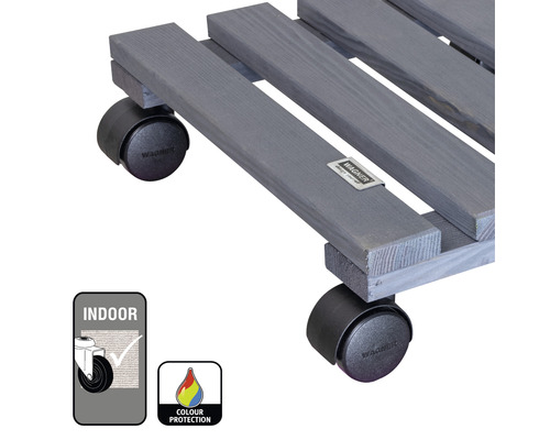 Pflanzenroller aus Holz mit Rollen und dem Symbol für die Verwendung in Innenräumen sowie Farbschutz.