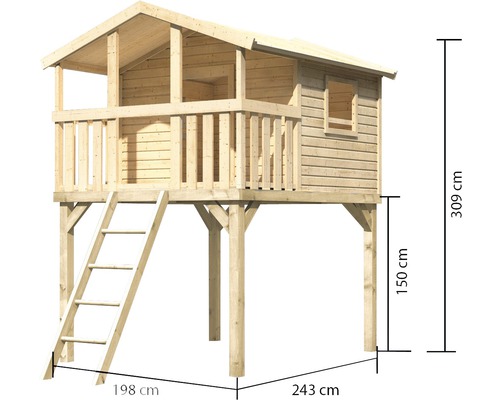 Holzspielhaus mit Leiter und den Maßen 309 x 243 x 198 cm.