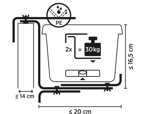 Technische Zeichnung eines Blumenkastenhalters mit Maßangaben und Belastungsgrenze von 30 Kilogramm