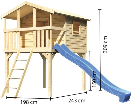 Spielhaus aus Holz mit Rutsche, Leiter und den Maßen 309 cm Höhe, 198 cm Breite und 243 cm Länge