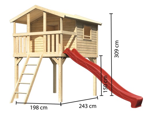 Spielhaus aus Holz mit Rutsche und Leiter, Abmessungen 198 cm x 243 cm x 309 cm