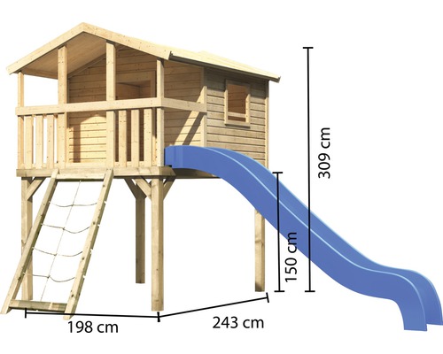 Spielhaus aus Holz mit Rutsche und Kletternetz, Maße 309 cm Höhe, 243 cm Länge Rutsche, 198 cm Länge Kletternetz, 150 cm Höhe Rutsche