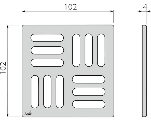 Quadratische Ablaufgarnitur mit Schlitzen und den Maßen 102 x 102 x 4 mm.