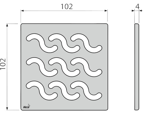 Quadratische Platte mit wellenförmigen Aussparungen und den Maßen 102 x 102 x 4 mm.
