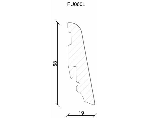 Diagramm eines FU060L Zierprofils mit Maßangaben: 58 Millimeter Höhe, 19 Millimeter Breite