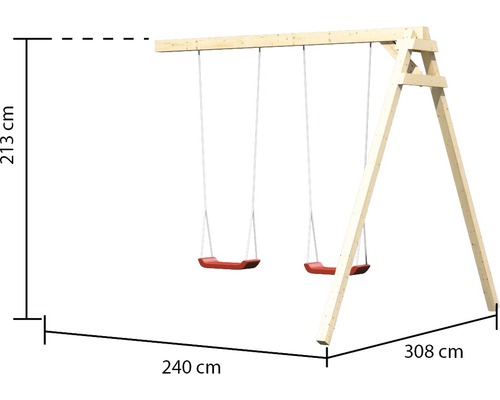 Holzschaukelgerüst mit zwei Schaukeln und Maßangaben