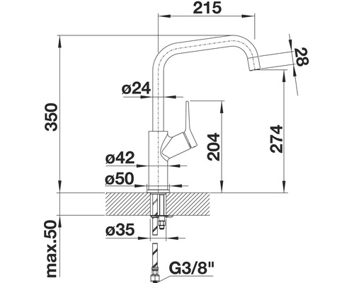 Maßzeichnung einer Armatur mit den Maßen für Höhe, Ausladung und Durchmesser