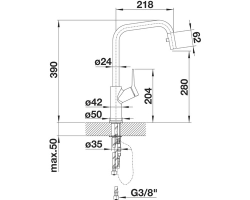 Technische Zeichnung einer Küchenarmatur mit Maßangaben