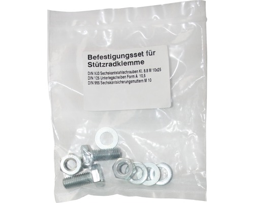 Befestigungsset für Stützradklemme mit Sechskantstahlschrauben, Unterlegscheiben und Sechskantsicherungsmuttern in Plastikverpackung