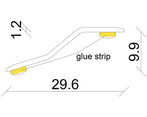 Diagramm einer Zierleiste mit den Maßen 1,2, 6,6 und 29,6 sowie einem Klebestreifen