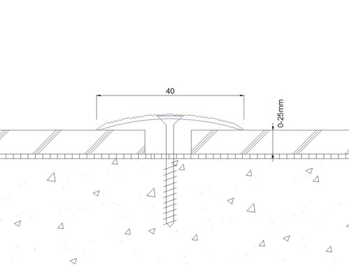 Technische Zeichnung eines 40 Millimeter breiten Übergangsprofils mit einer Höhe von 0 bis 25 Millimetern, befestigt mit einer Schraube.
