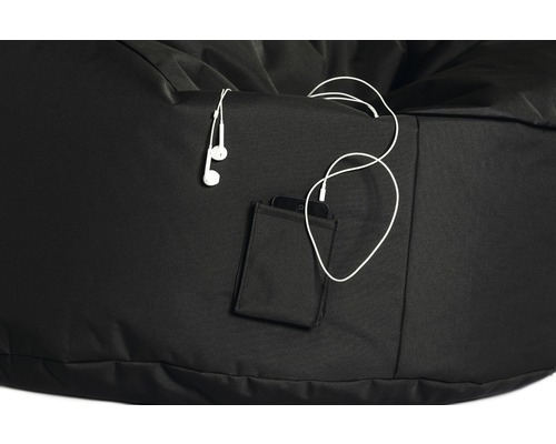 Schwarzer Sitzsack mit Tasche für Smartphone und Kopfhörer