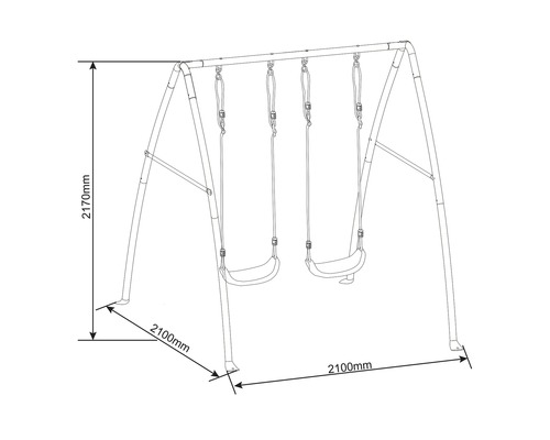 Zeichnung einer Doppelschaukel mit den Maßen 2170 mm Höhe und 2100 mm Breite.