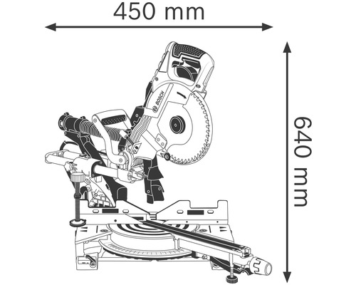 Illustration einer Kapp- und Gehrungssäge mit den Maßen 450 mm Breite und 640 mm Höhe.
