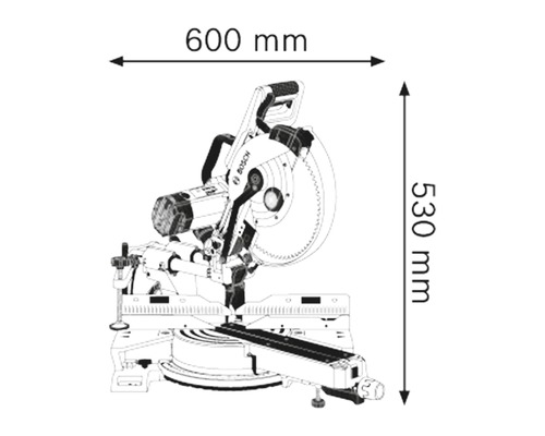 Skizze einer Kappsäge mit den Maßen 600 mm Breite und 530 mm Höhe.