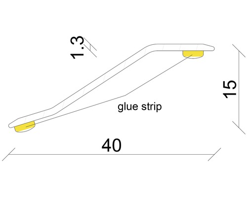 Technische Zeichnung einer Viertelstab-Fußleiste mit Klebestreifen und Maßangaben