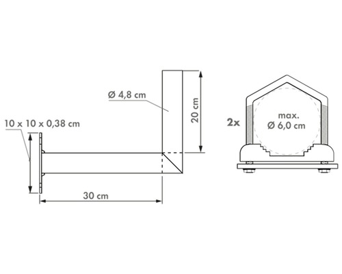 Technische Zeichnung einer Wandhalterung mit Maßangaben