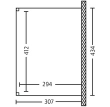 Technische Zeichnung mit Maßangaben für ein Produkt, 412 x 307 mm