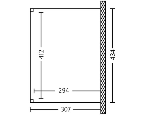 Technische Zeichnung mit Maßangaben für ein Produkt, 412 x 307 mm