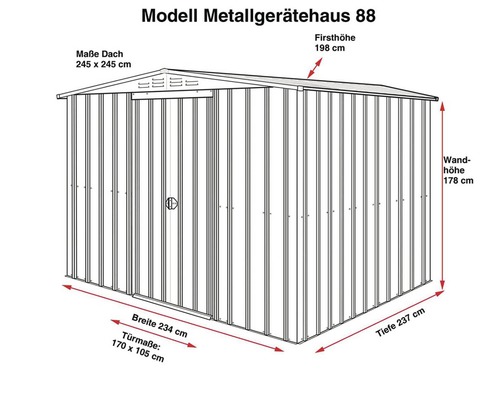 Abbildung eines Metallgerätehauses Modell 88 mit Maßangaben