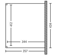 Technische Zeichnung eines Regals mit den Maßen 357 mm Breite, 412 mm Höhe und 344 mm Tiefe.