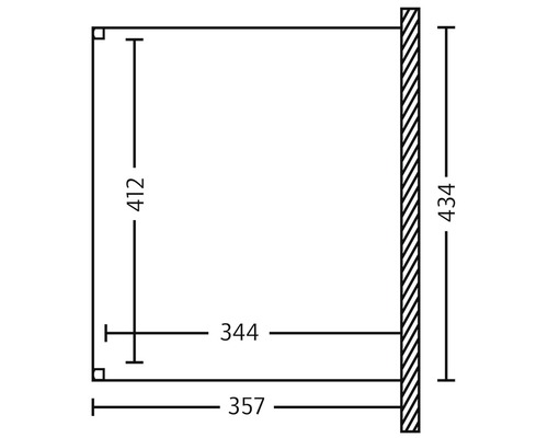 Technische Zeichnung eines Regals mit den Maßen 357 mm Breite, 412 mm Höhe und 344 mm Tiefe.
