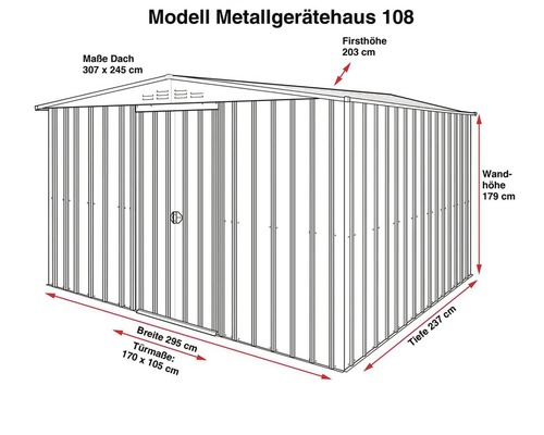 Metall Gerätehaus Modell 108 mit den Maßen Breite 295 cm, Tiefe 237 cm und Höhe 203 cm