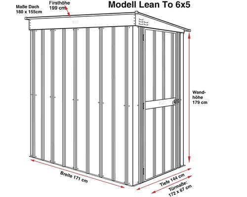 Abbildung eines Lean To 6x5 Gerätehauses mit Maßangaben