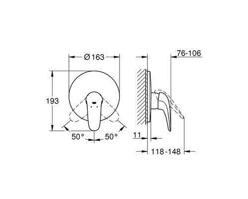 Technische Zeichnung einer Armatur mit Maßangaben