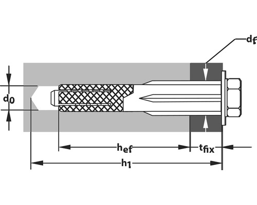 Illustration eines Bolzenankers mit Detailbemaßungen
