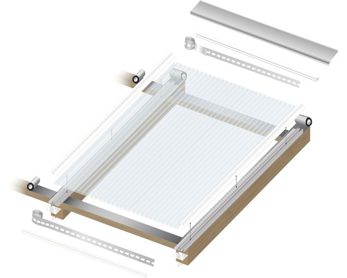 Bausatz für eine Terrassenüberdachung mit Polycarbonatplatten und Montageteilen