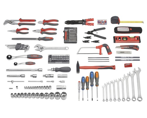 Umfassendes Werkzeugsortiment mit Zangen, Schraubenschlüsseln, Schraubendrehern und weiterem Handwerkzeug