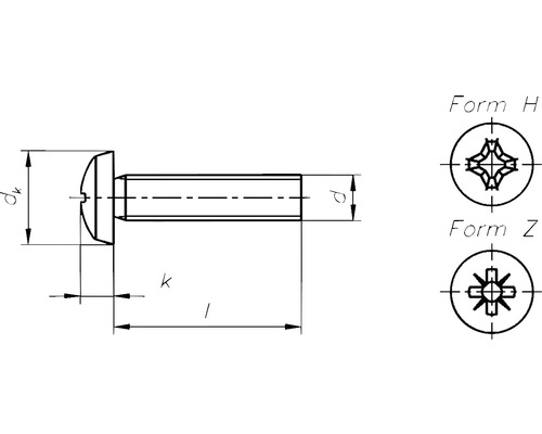 Technische Zeichnung einer Schraube mit Abmessungen und Kopfvarianten H und Z