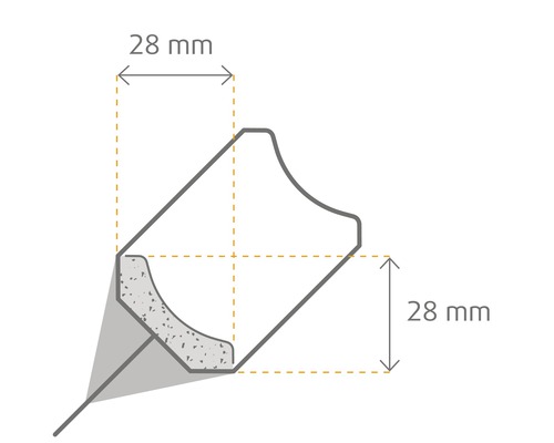 Abmessungen einer Zierleiste: 28 mm Breite und 28 mm Höhe