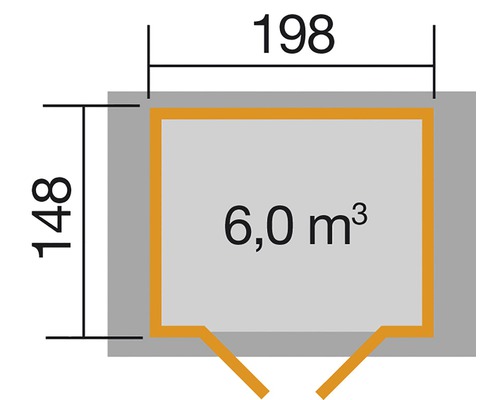Grundriss mit den Maßen 148 mal 198 und dem Rauminhalt 6,0 Kubikmeter