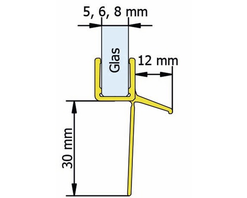 Technische Zeichnung eines Glasprofils mit Maßangaben