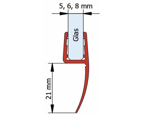Profilansicht einer Duschdichtung mit den Maßen 5, 6 und 8 Millimeter Glasstärke und 21 Millimeter Höhe