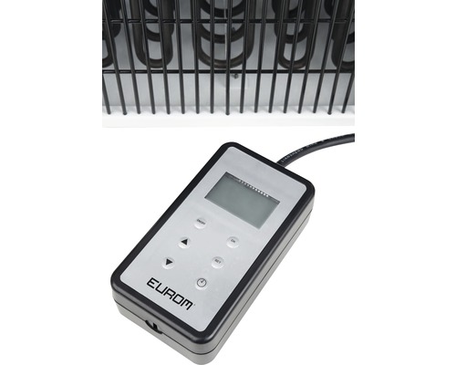 Detailansicht einer Elektroheizung mit digitaler Steuerung und Eurom Logo.