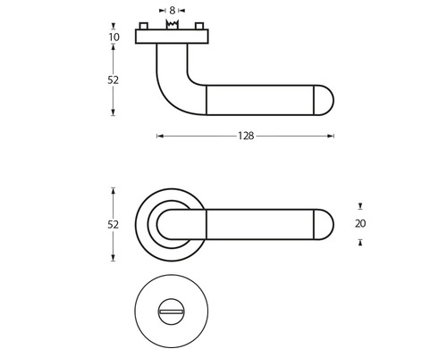 Technische Zeichnung eines Türdrückers mit Rosette und Abmessungen.