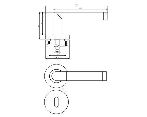 Technische Zeichnung einer Türgarnitur mit Maßen