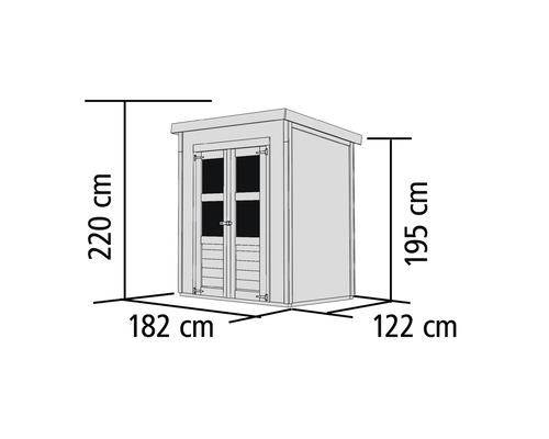 Abbildung eines Gerätehauses mit den Maßangaben 220 cm Höhe, 195 cm Seitenhöhe, 182 cm Breite und 122 cm Tiefe.